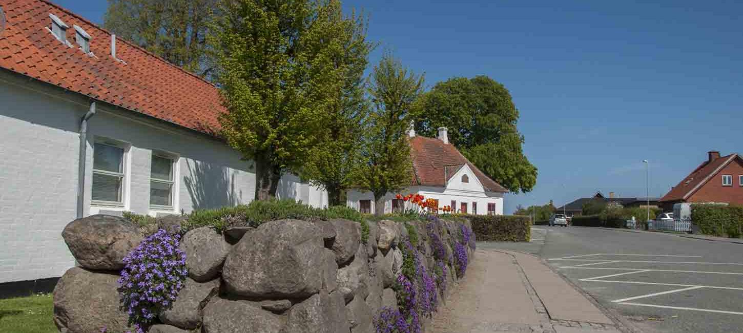 Blomster ved de gamle hvide huse ved Bakkevej i Otterup