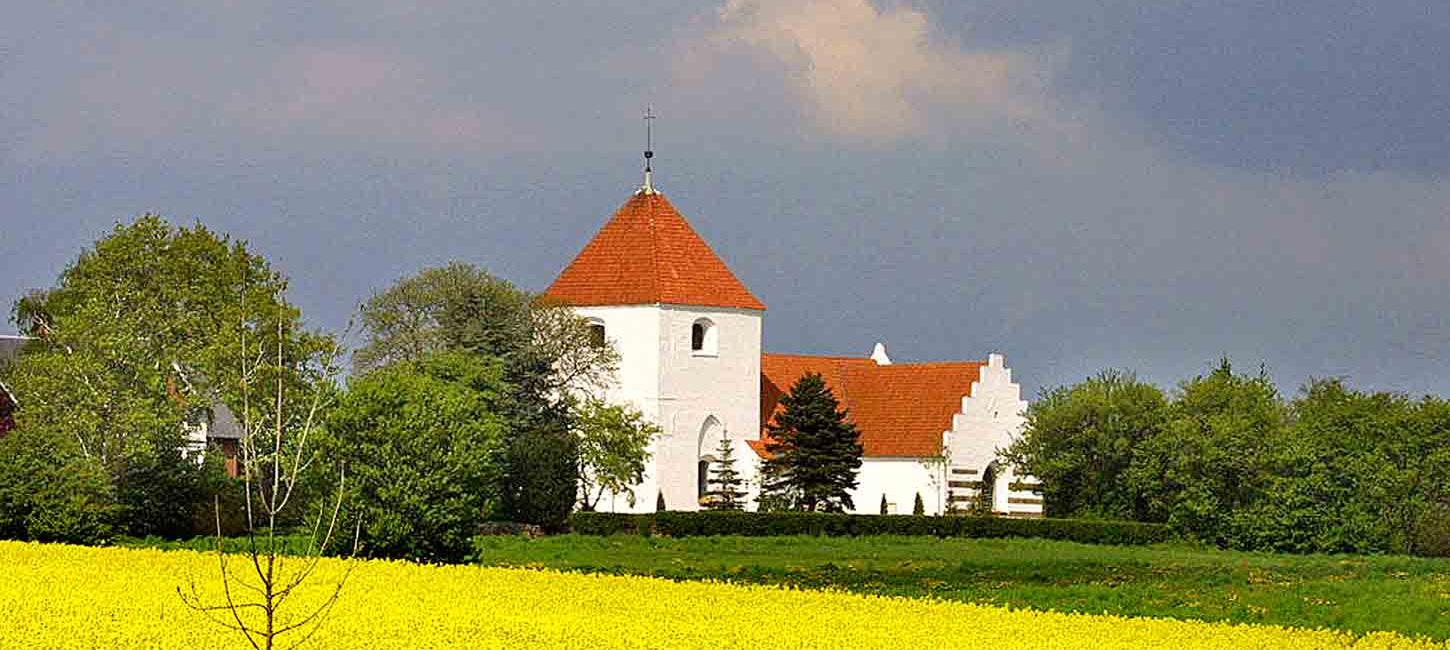 Søndersø Kirke set fra rapsmarkerne i sommertid