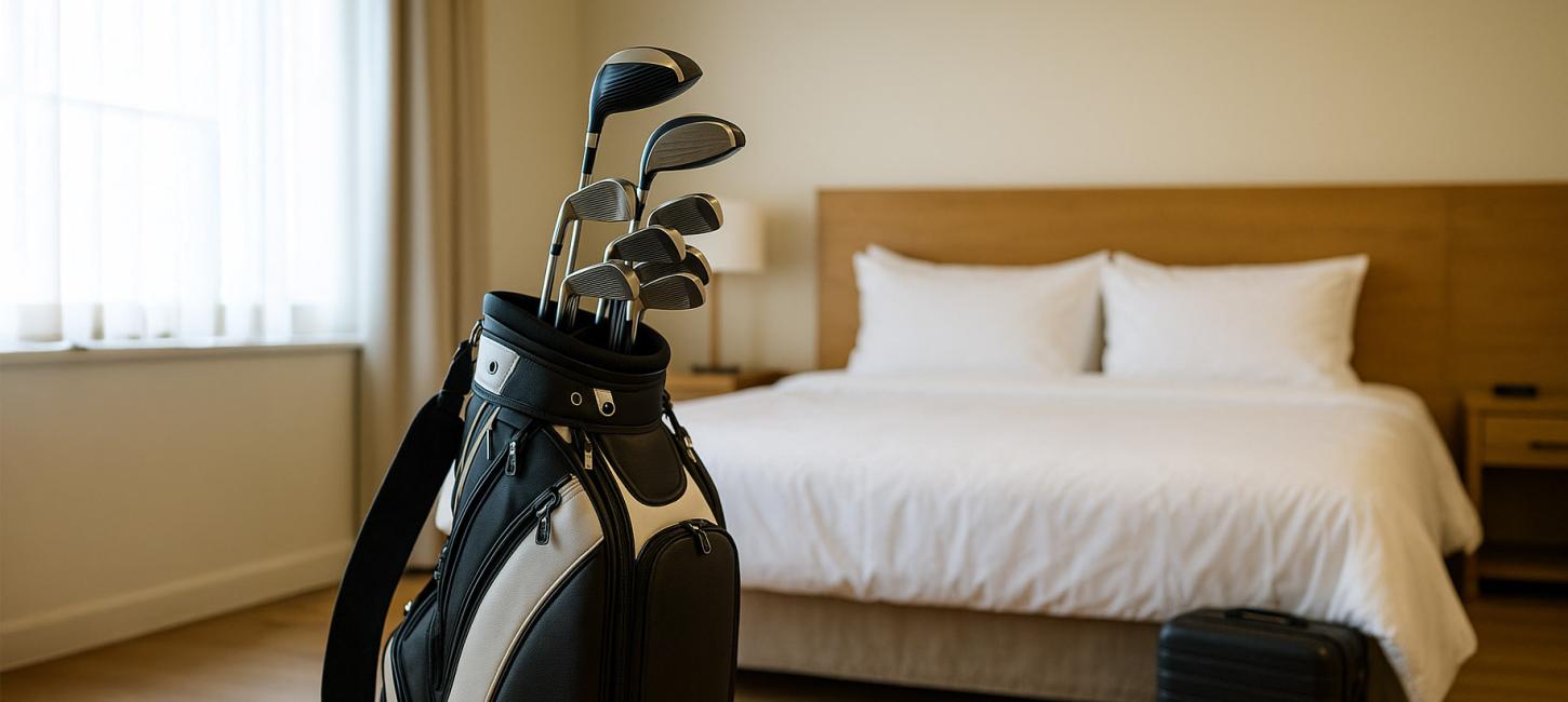 Golftaske på værelse med seng til overnatning